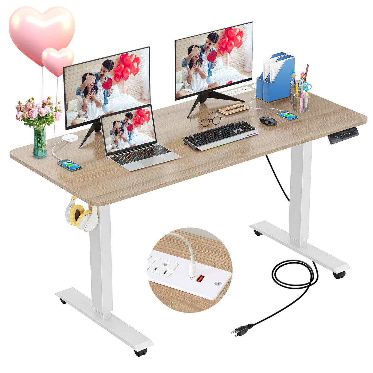 farexon 48 x 24 inch Standing Desk Electric Adjustable Height with Charging Station, Stand up Desk with Ergonomic Workstation, 4 Preset Heights Easy to Set（Oak Grey farexon