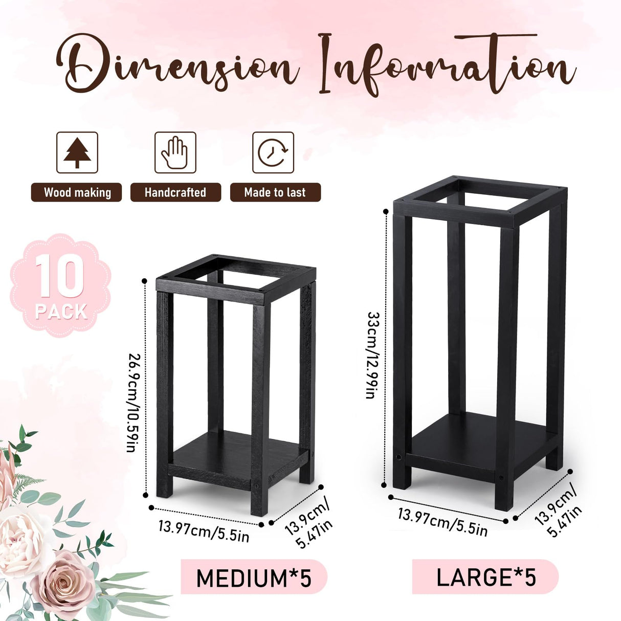 Geelin 10 Pcs Wooden Candle Lantern Wedding Lantern Centerpiece Lantern Candle Holder for Table Fireplace Lantern Decorative Farmhouse Candle Lantern for Wedding Baby Shower(Black, 10.59 in, 13 in) Geelin