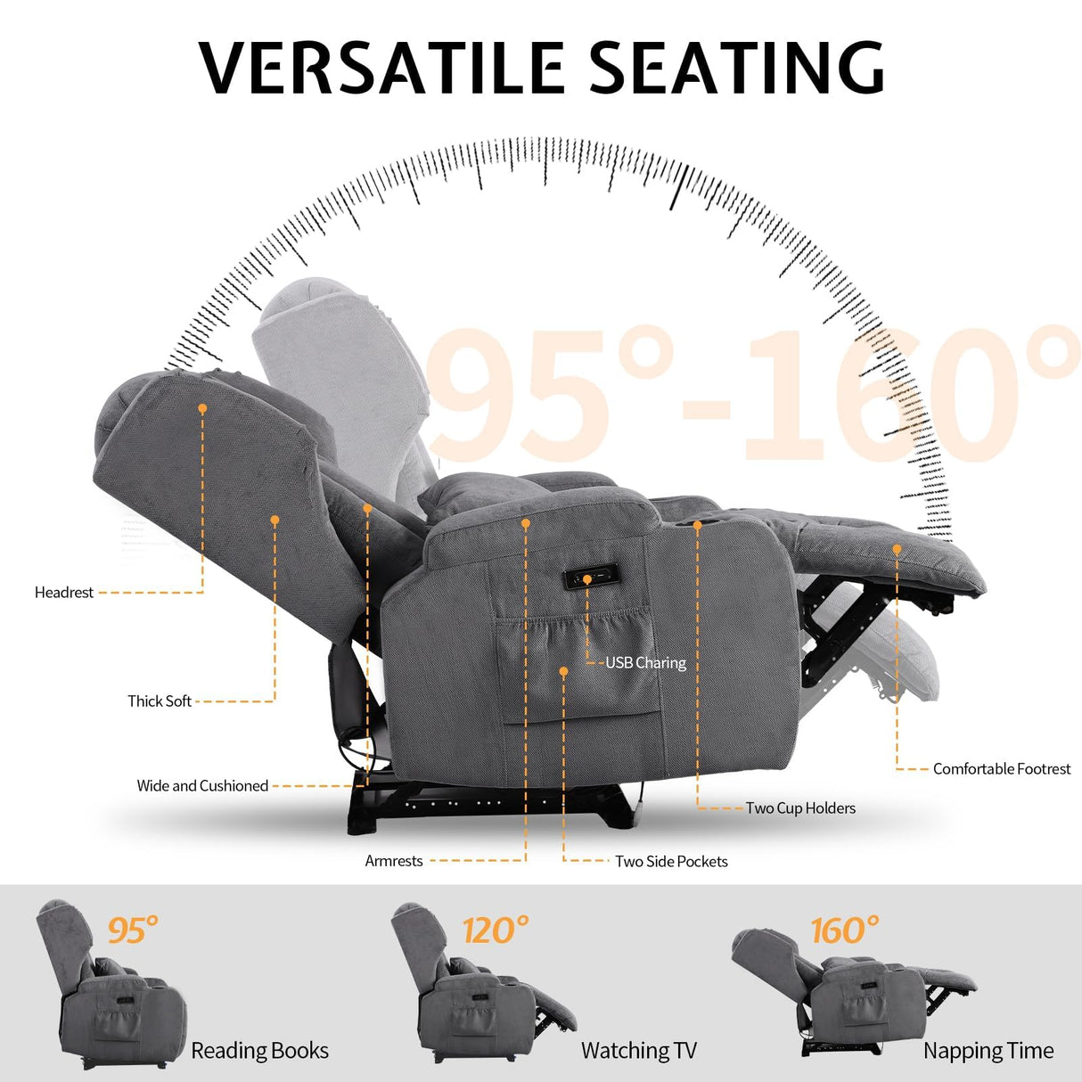BINGTOO Electric Power Recliner Chair with Massage & Heat - Ergonomic Wingback Lounge Sofa Chair for Living Room, Home Theater Seating & RV with LED Light/Cup Holders/USB Ports, Grey BINGTOO