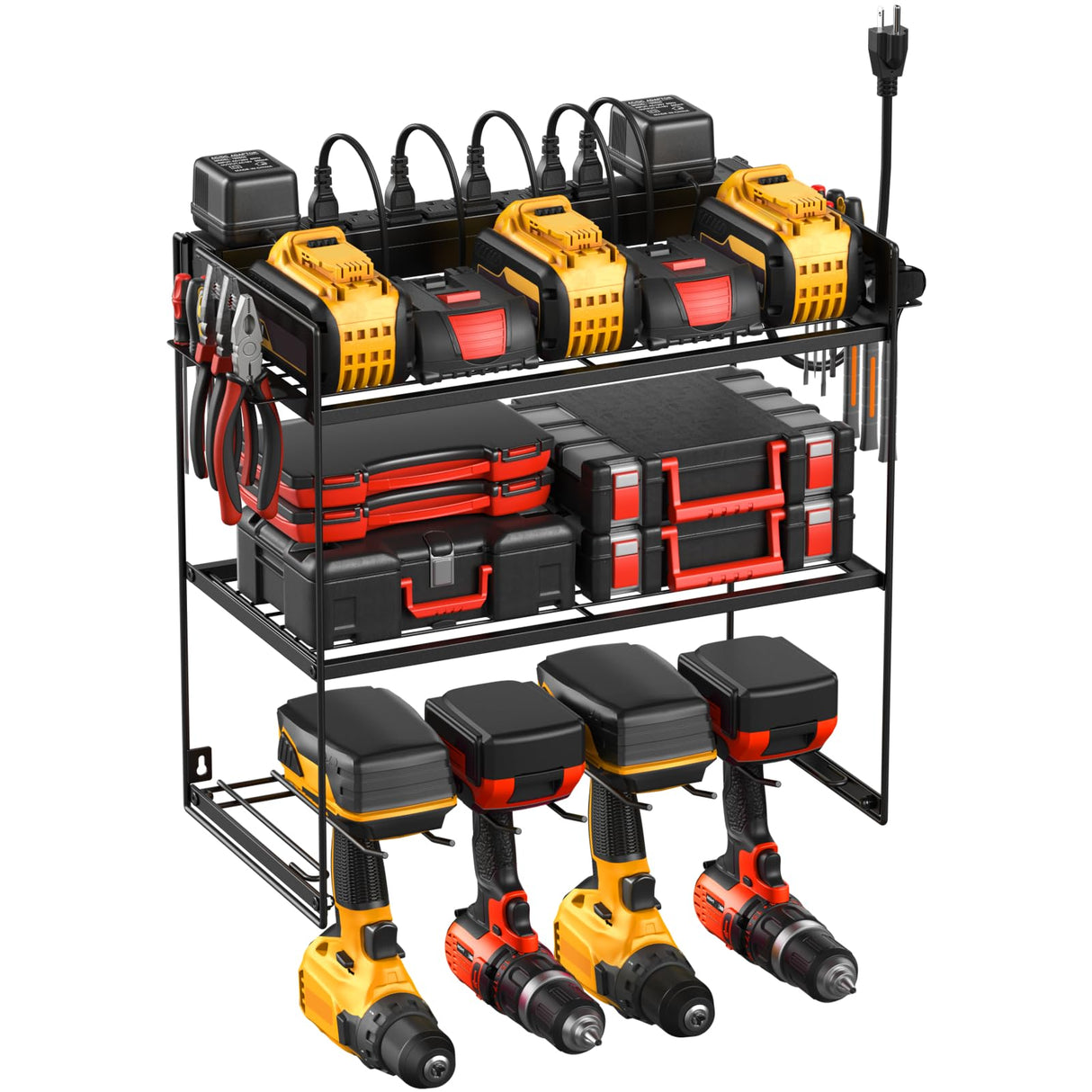 JUNNUJ Power Tool Organizer with 10 Outlet Power Strip, 3 Layer Wall Mount Drill Holder with Charging Station, 4 Drills Storage Shelf Shop Garage Utility Rack, Black JUNNUJ