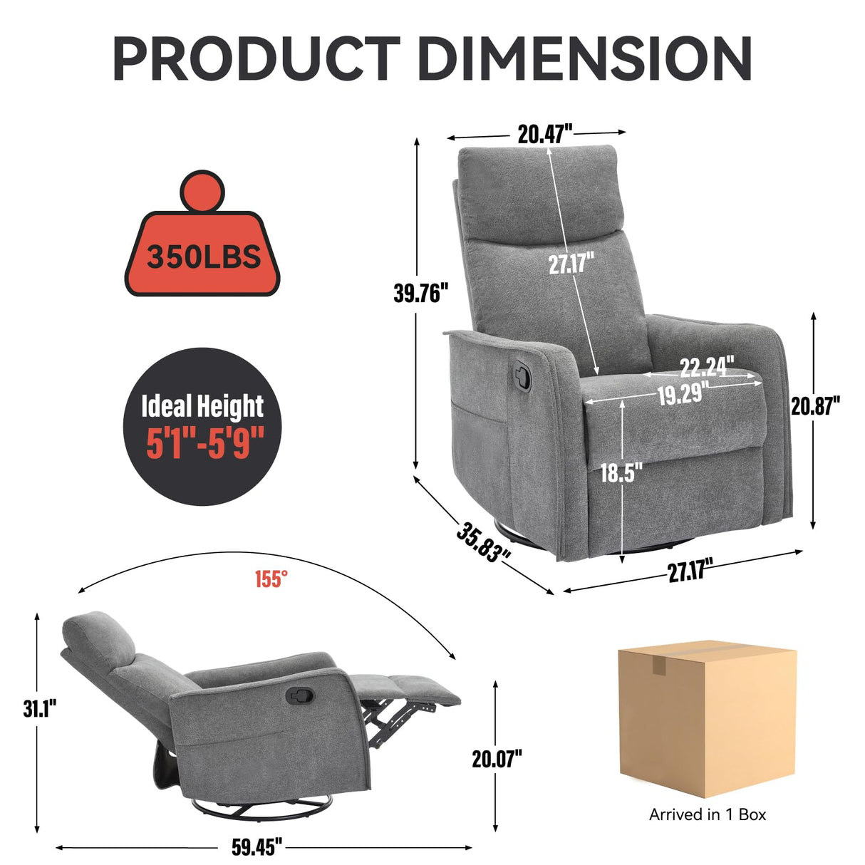 Curtainboro Swivel Rocker Recliner Chair with Heat and Massage, 360° Swivel Recliner Upholstered Fabric Nursery Glider with Side Pocket for Living Room, Bedroom, Home Theater Grey Curtainboro