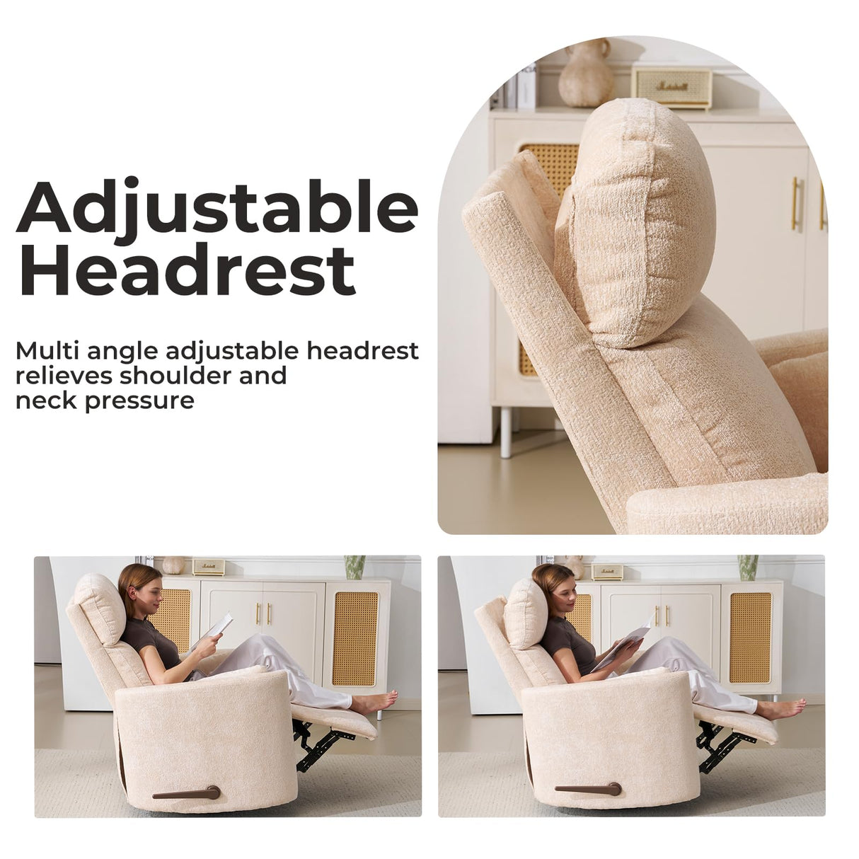 Oversized Swivel Rocker Recliner with Massage and Heat, 26" Swivel Nursery Recliner With Adjustable Headrest, Manual Rocker Recliner Chair with Two Removable Pillows, High Back Barrel Armchair, Beige Rhevoy
