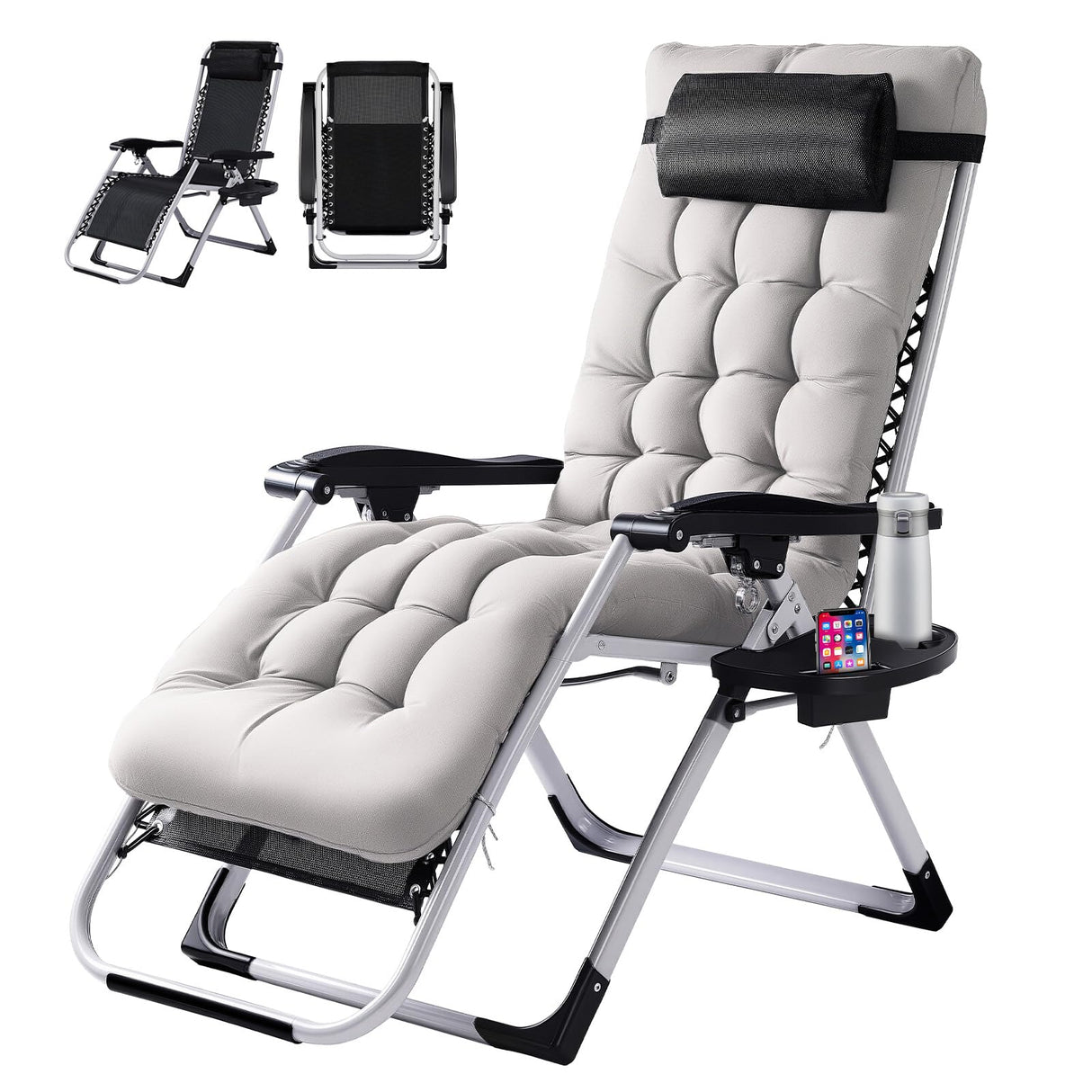 VINGLI Padded Zero Gravity Chair, Lounge Chair with Removable Cushion & Tray， Folding Reclining Patio Chairs， Recliner Chair for Lawn，Indoor and Outdoor VINGLI