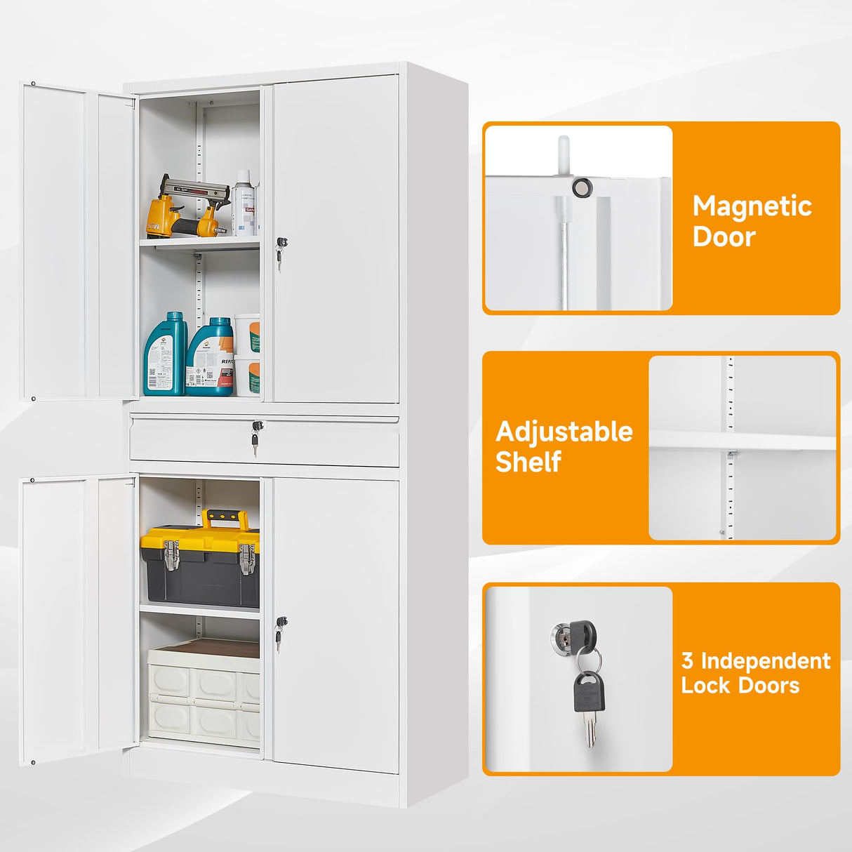 STANI Metal Garage Storage Cabinets with Drawer, 4 Doors Tool Storage Cabinet with 2 Adjustable Shelves, 71"-Lock Steel Locking Cabinet for Garage Utility Room Home Office (White, 0 Wheel-71 H) STANI