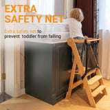 COSYLAND Foldable Toddler Standing Tower - Adjustable Height Folding Step Stool Kids Toddler Kitchen Stool Helper for Learning and Cooking - Ages 18 Months to 6 Years with Safety net Natural COSYLAND