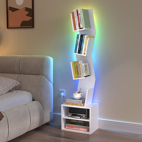 ALBASTOON 6 Tier Tree Bookshelf,Small Book Shelf with LED Lights,Corner Bookcase,Book Organizer Shelves,Floor Standing Book Shelves for Living Room,Home Office,Living Room,Vintage Rustic White ALBASTOON