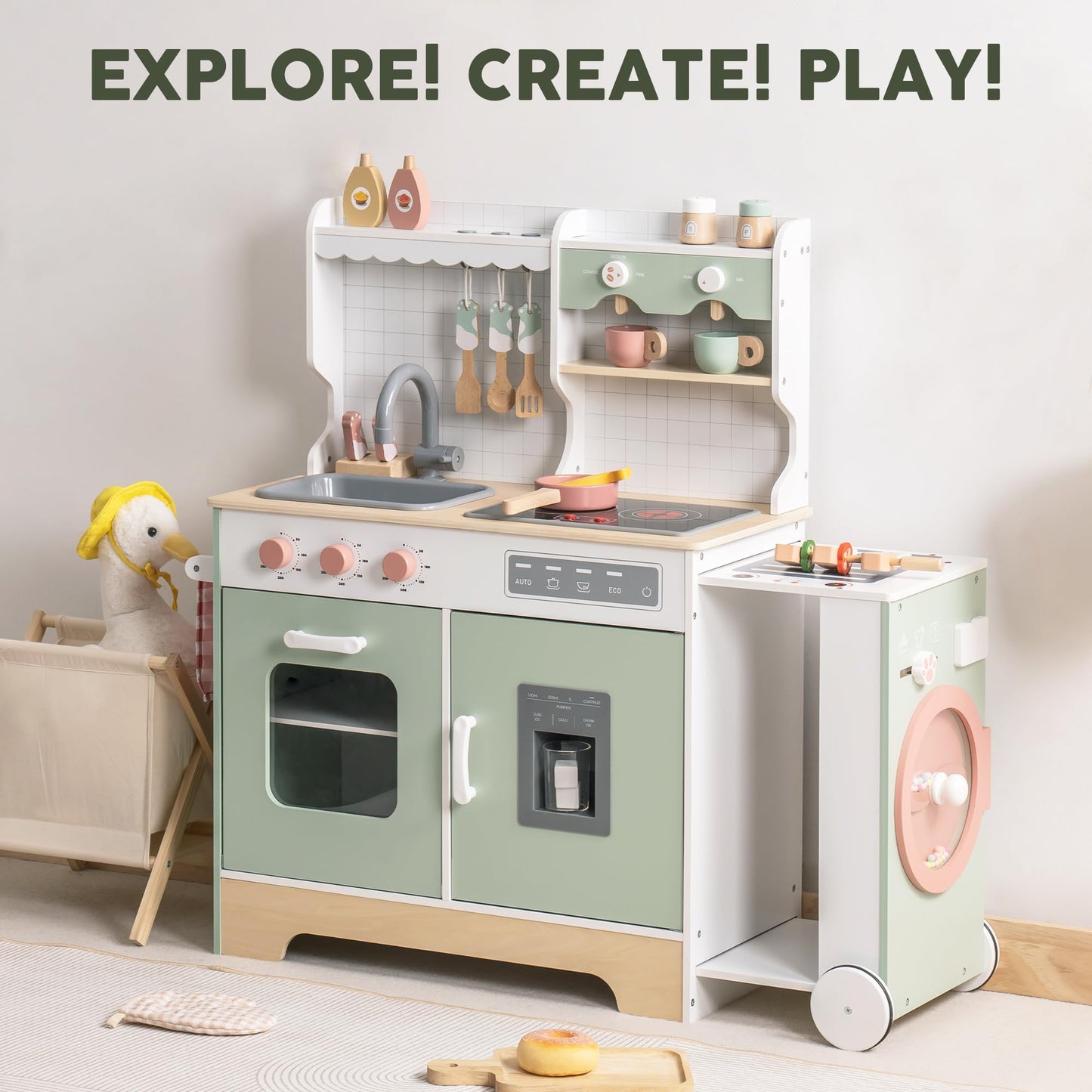 ROBOTIME Wooden Kitchen Playset, Kids Play Kitchen with Ice Maker, BBQ and Dishwasher. Pretend Toddler Kitchen with Lights & Sounds for Ages 3+ - WoodArtSupply