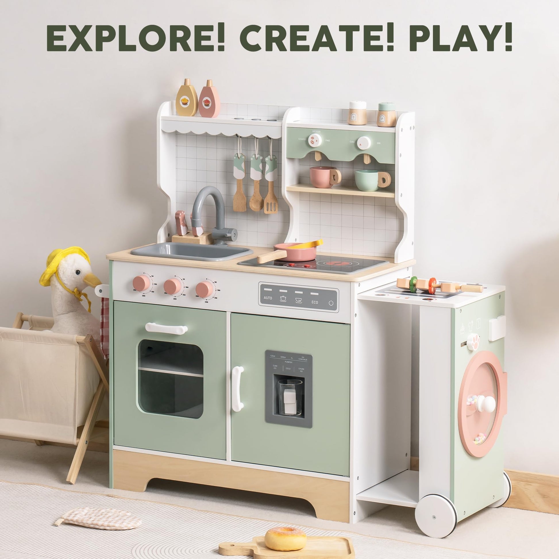 ROBOTIME Wooden Kitchen Playset, Kids Play Kitchen with Ice Maker, BBQ and Dishwasher. Pretend Toddler Kitchen with Lights & Sounds for Ages 3+ - WoodArtSupply