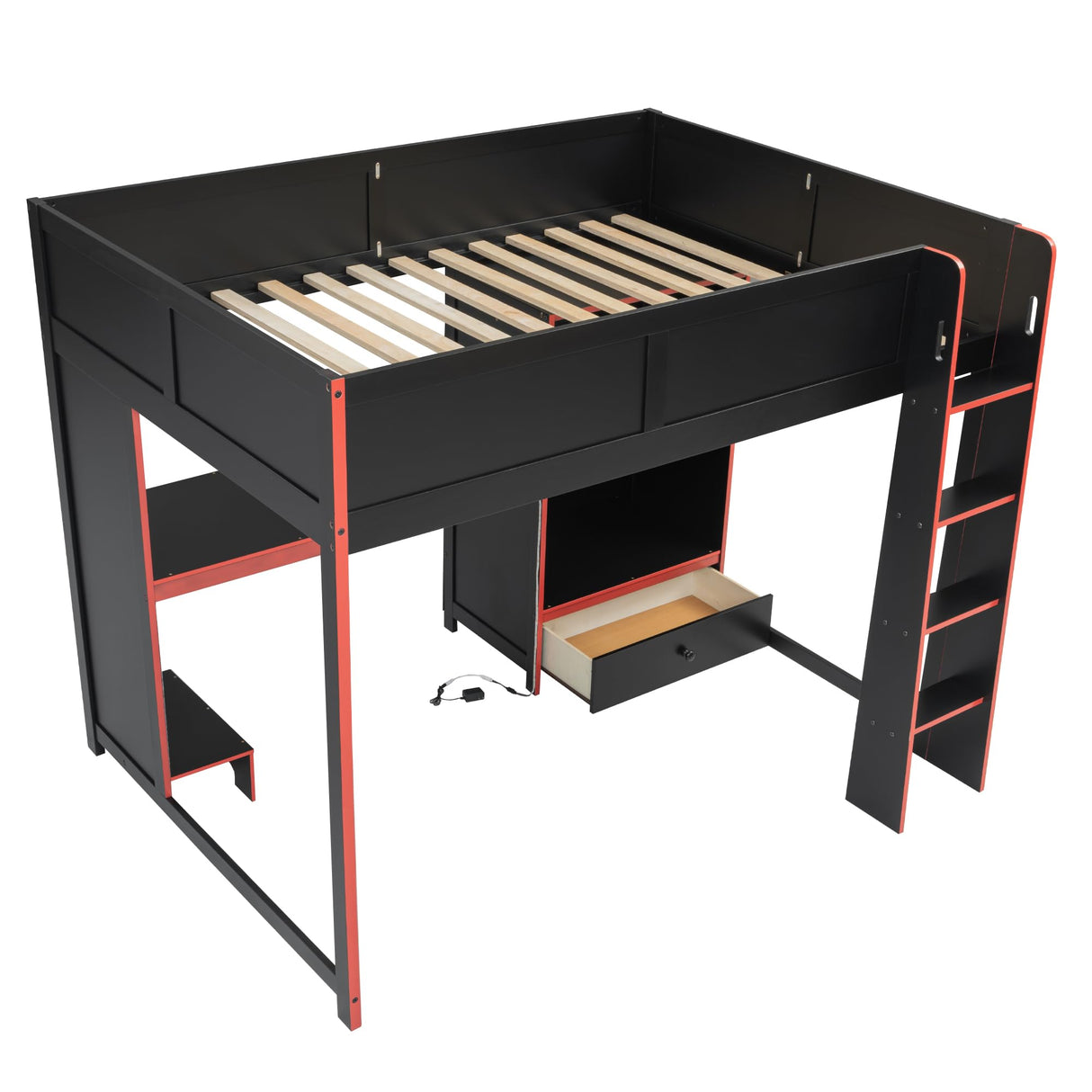 Ball & Cast Full Size Gaming Loft Bed with Built-in Desk,Wood Gamer Bed Frame w/Wardrobe and Drawer,Underbed Storage Space,Stairs,Full-Length Guardrail,Bedroom Furniture for Student Dorms,Black Ball & Cast