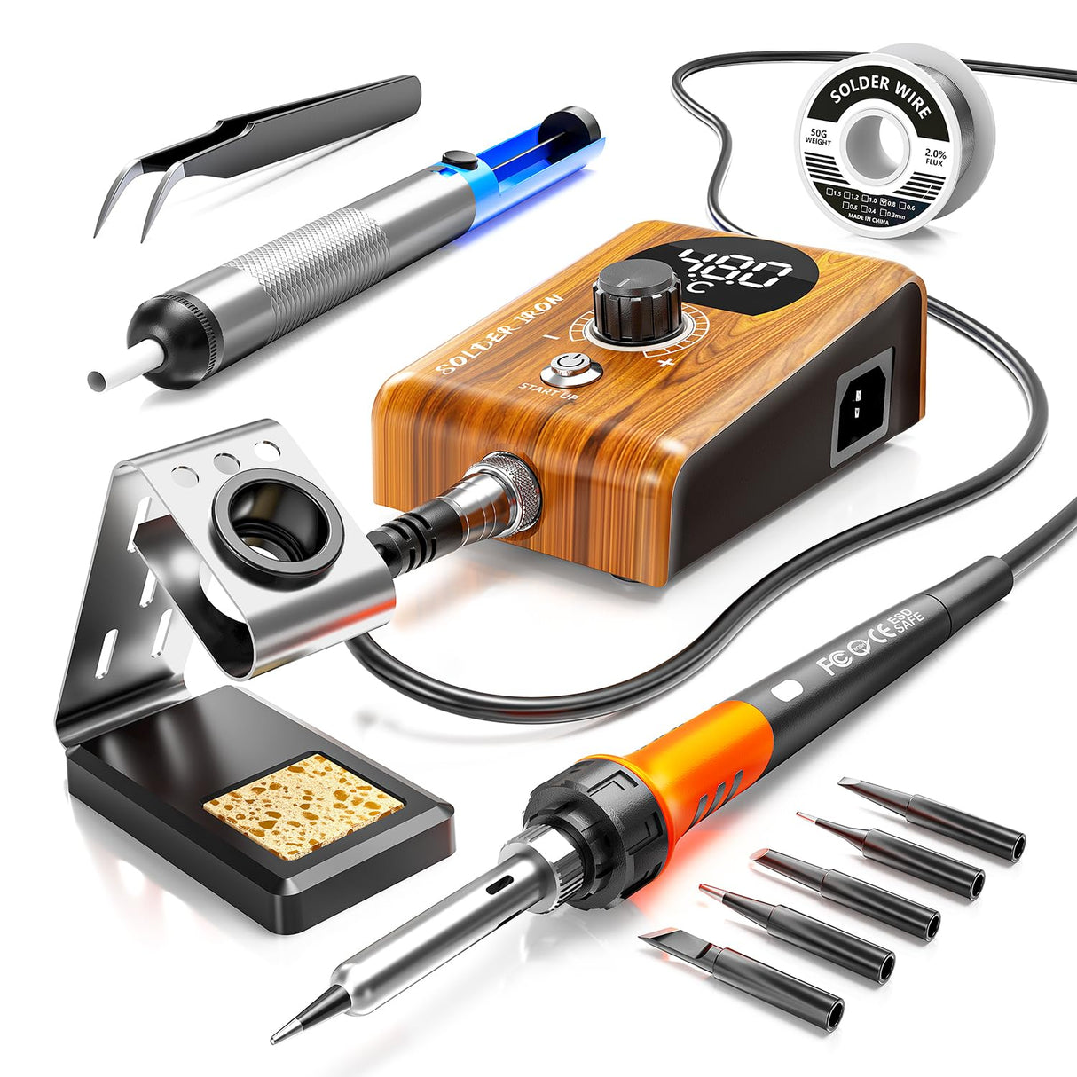 90W Digital display soldering station, stable knob control, independent switch power supply, tin wire, tin absorber, anti-static tweezers, 5 soldering iron tips, handle fixed bracket MEAKEST