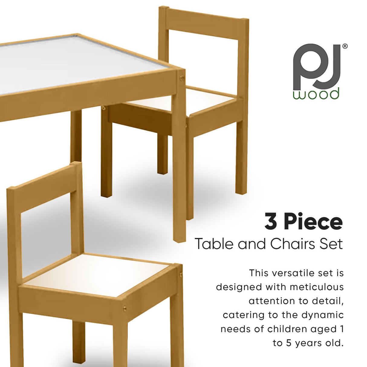PJ Wood 3 Piece Solid Rubberwood Table and Chairs Set with Natural Finish, Rounded Edges and Corners, and Wipeable Dry Erase Surface PJ Wood
