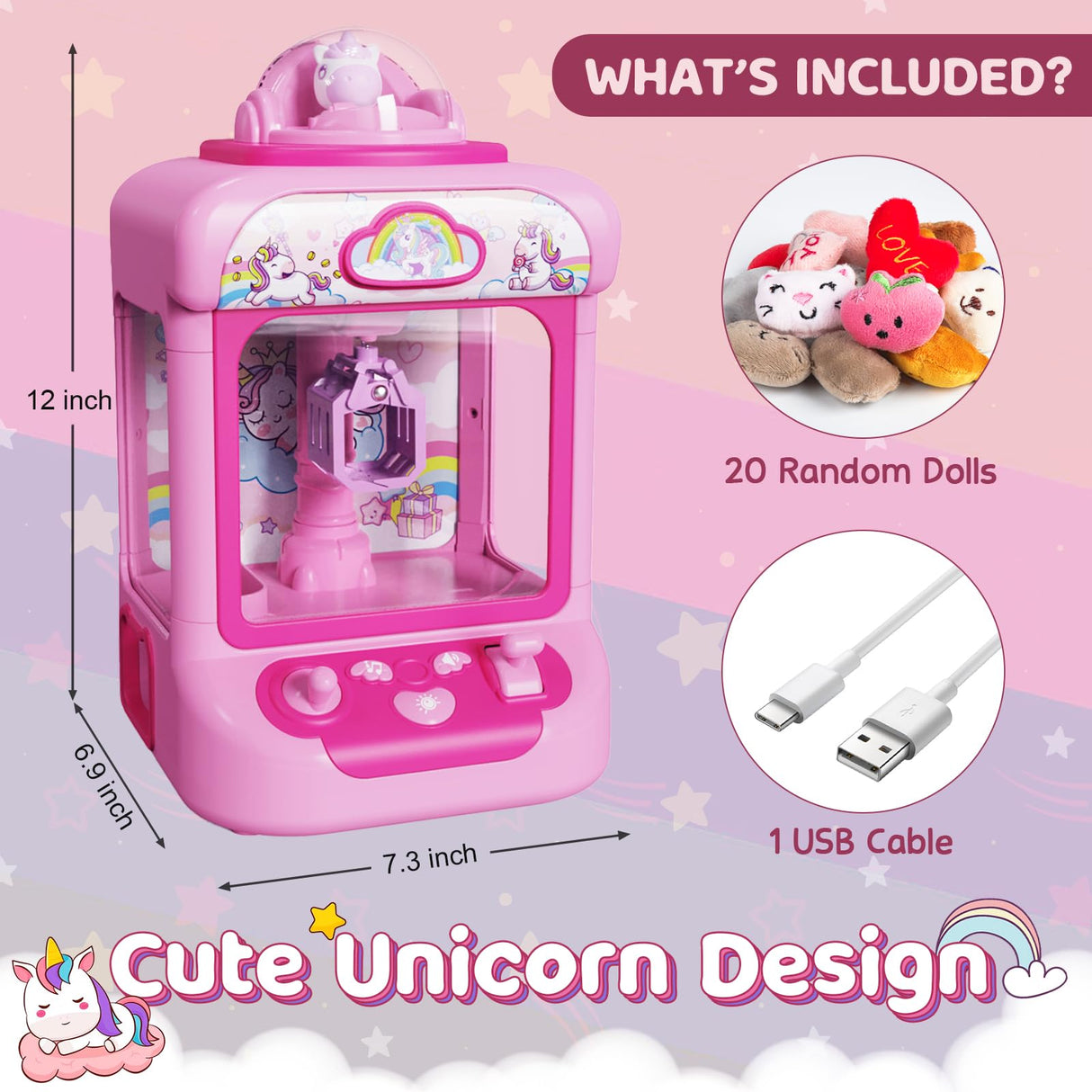 Claw Machine for Kids, Mini Vending Machine Girls Unicorn Toys, Candy Grabber Prize Dispenser with Sound & 20 Mini Plush Toys, Electronic Arcade Game Indoor Toy for Home Party Birthday Gifts Marlrin