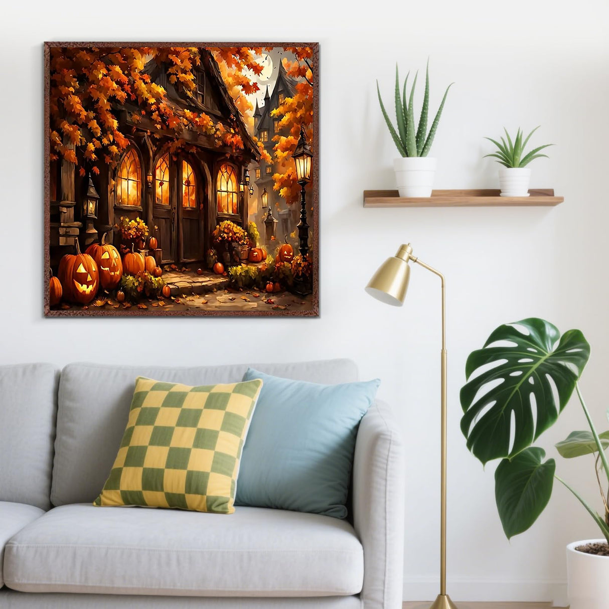 Fall Pumpkin House Leaf Diamond Painting Kits for Adults, 5D Diamond Art Kits for Adults Beginners, DIY Full Round Drill Diamond Dot Painting Gem Art Kits for Adult, Home Wall Decor 13.8x13.8 Inch LKHMVCA