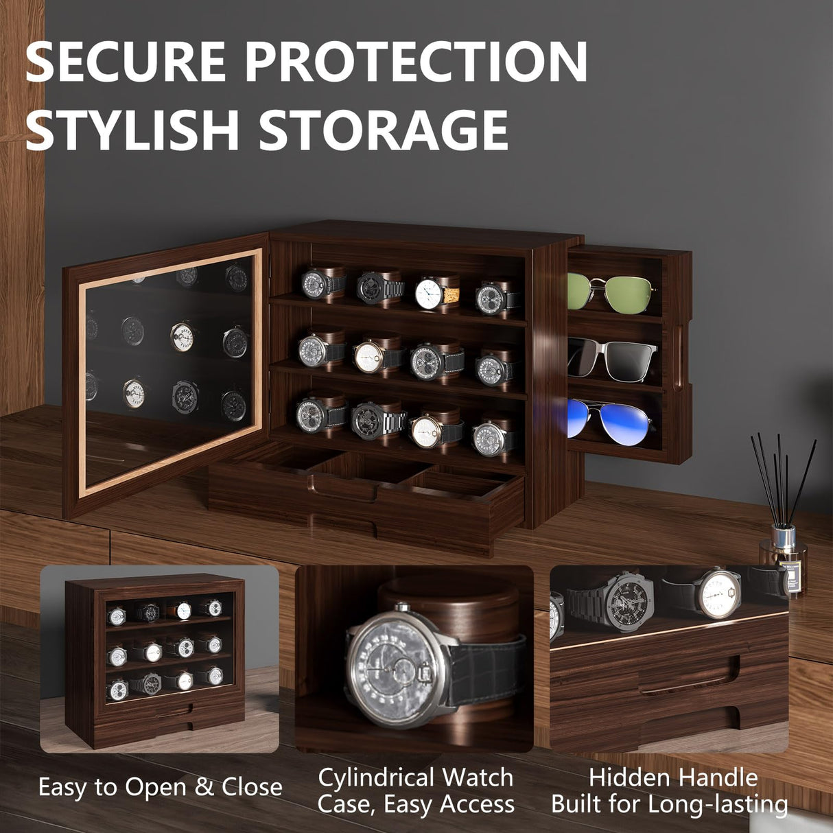 AUTOARK Wooden Watch Sunglass Display Case,12 Watch Box with Jewelry Drawer,Watch Eyeglass Holder with Window,Vertical Storage,Gift Idea,Walnut,AW-185 AUTOARK