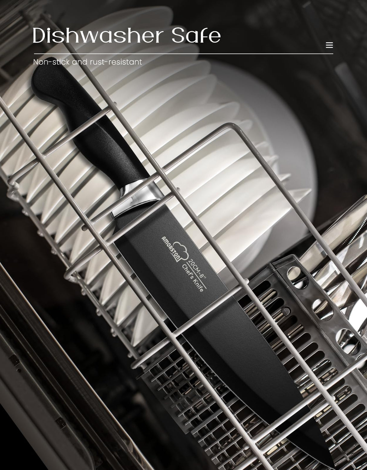 Knife Set, Amorston 15 Pieces Knife Sets for Kitchen with Block, Dishwasher Safe Kitchen Knife Set with Built in Sharpener Block, German Stainless Steel Knife Block Set, Black Amorston