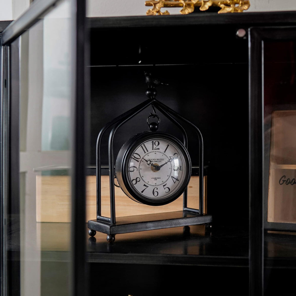SOFFEE DESIGN 7.5'' x 10'' Mantel Clock Iron Tower Frame, Creative Bird Ornament Tabletop Clock, Silent Clock with Hollow Carved Back Cover for Home Decor, Black SOFFEE DESIGN