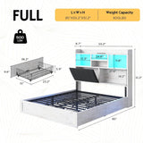 LUXOAK Full LED Bed Frame with Bookcase Headboard and 4 Drawers,Farmhouse Storage Bed with Charging Station & Linen Upholstered, No Box Spring Needed, Distressed White LUXOAK