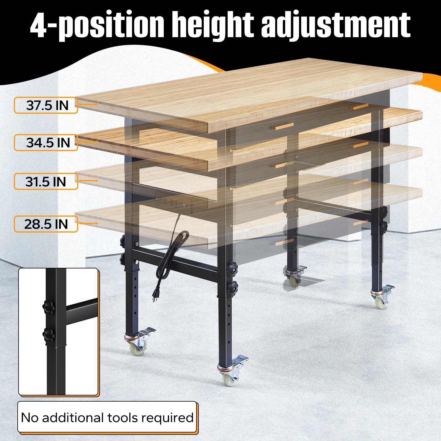 60" Adjustable Work Bench with Drawer Storage, Power Outlet, and Wheels - Heavy Duty Work Table for Home, Garage, and Office - Sturdy Steel Frame with Solid Bamboo Table Top - 2700 lbs Capaci - WoodArtSupply