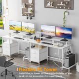 Furologee White Computer Desk with Drawer and Power Outlets, 47" Office Desk with 2 Monitor Stands and Fabric File Cabinet, Writing Gaming Table with Shelves and 2 Hooks for Home Office Furologee