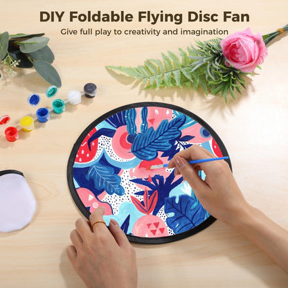 50 PCS White Foldable Flying Disc Fans, DIY Fabric Fans with Pouches, Sublimation Blank DIY Folding Fan Set, 9.6 Inches DIY Handheld Round Fabric Fan for Summer Days, Parties, Outdoor Activities