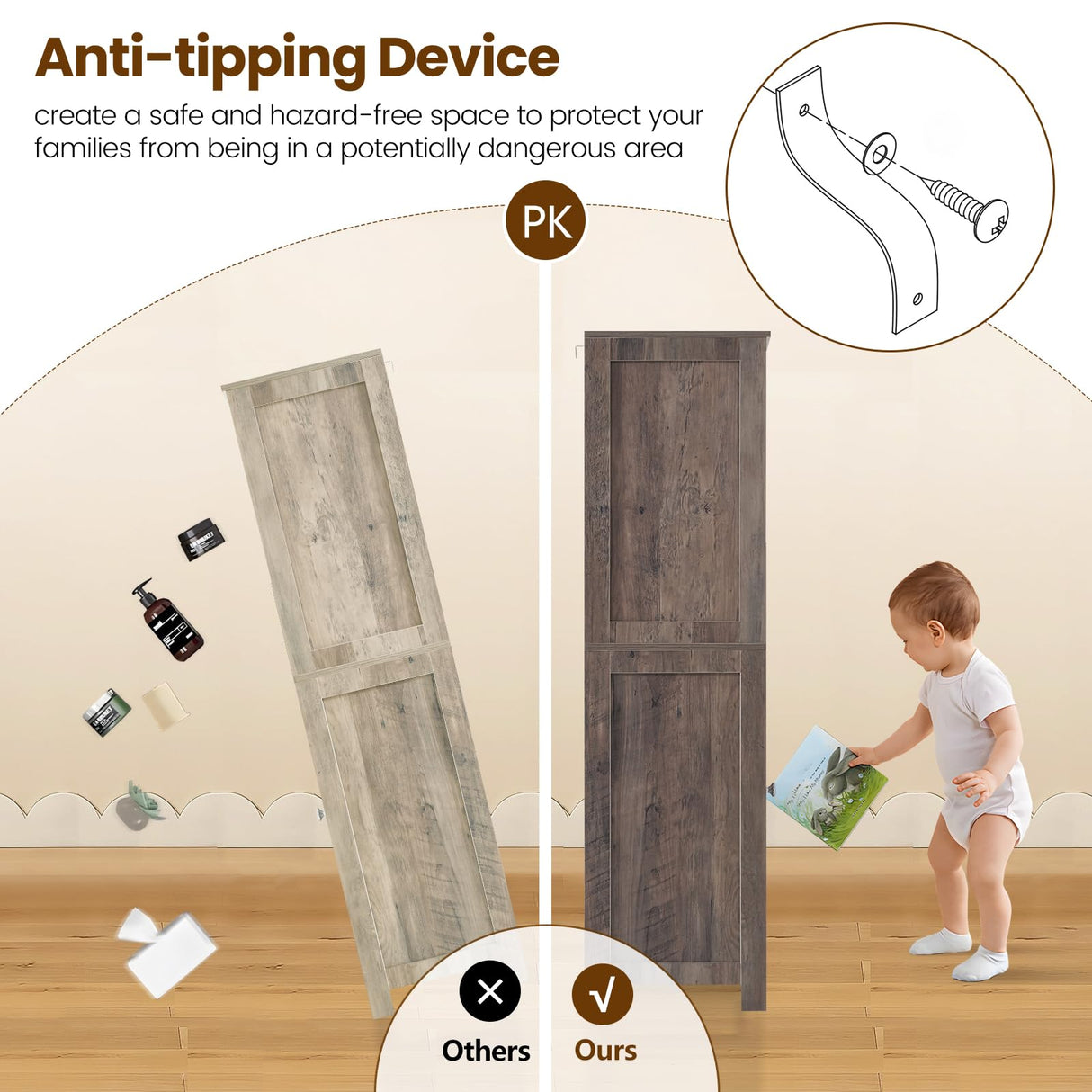 Iwell Tall Storage Cabinet with 2 Drawers & Adjustable Shelves, Bathroom Cabinet with Doors, Cupboard, Floor Cabinet for Living Room, Bedroom, Entryway, Rustic Gray Iwell