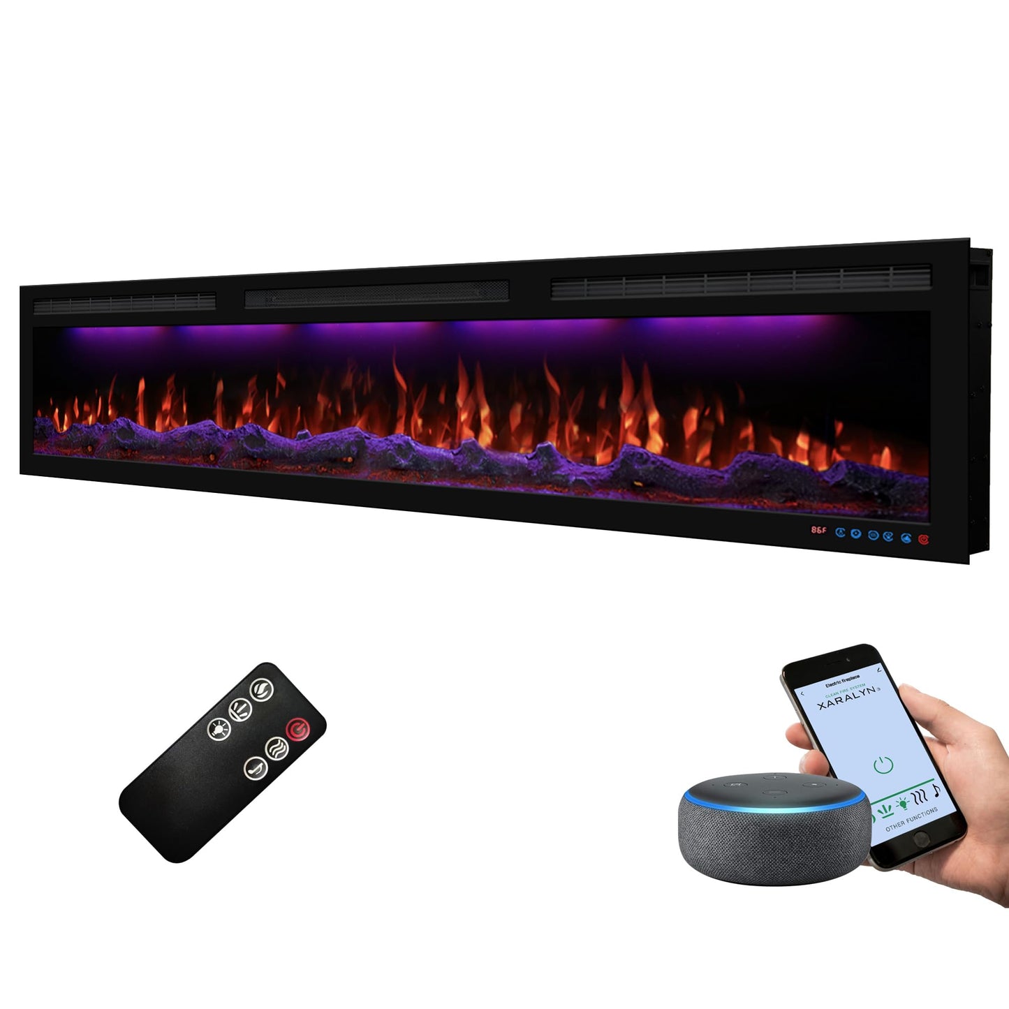 Dreamflame 72" WiFi-Enabled Electric Fireplace, Smart Control via Alexa or App, Recessed & Wall Mounted Fireplace Heater with Thermostat, Slim Frame, Multi-Color Combinations, Black