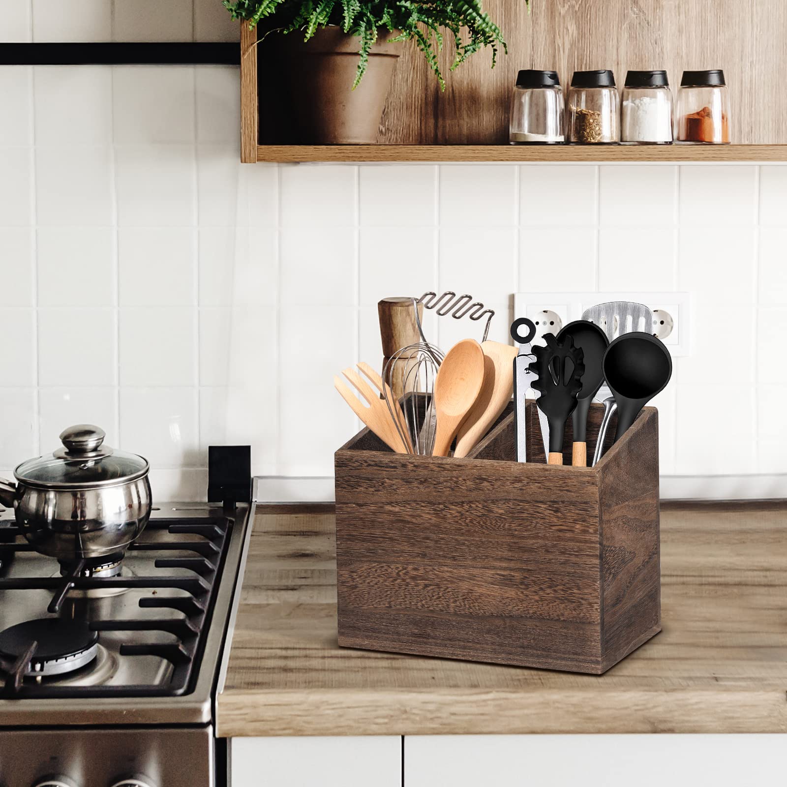 Wooden Kitchen Utensil Caddy With 2 Compartments, Rustic Kitchen Utensil Holder for Kitchen Countertop, Wood Utensil Crock Organizer Box for Farmhouse Kitchen Decor (brown) - WoodArtSupply