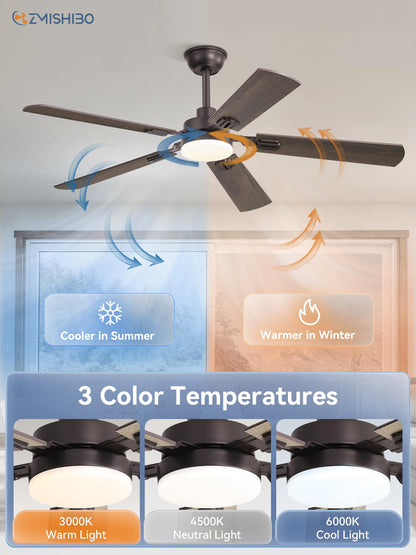 ZMISHIBO 52" Ceiling Fans with Lights, Oil Bronze Farmhouse Ceiling Fan with Remote, Rustic Indoor Ceiling Fan with Dual Finish Blades, Quiet & Strong Motor, Bright LED Light.