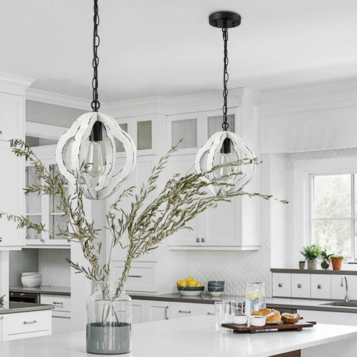 SAMTEEN Farmhouse Wooden Pendant Light Distressed White Wood Chandelier 1-Light Modern Wooden Pendant Light Fixtures for Kitchen Island Dining Room Bedroom SAMTEEN