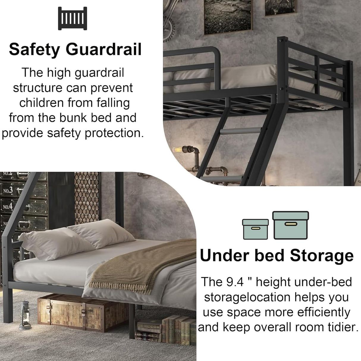 Twin XL Over Queen Bunk Beds for Adults and Teens, Heavy-Duty Metal Bunk Bed Frame with Ladder and Slats Support for Boys Girls,Space-Saving Design,Noise Reduced,Black MoproBeti