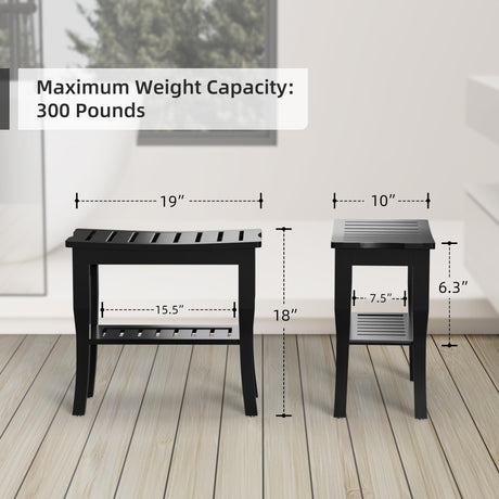 Bamboo Shower Bench & Stool Waterproof - Wood Shower Bench with Storage Shelf for Inside Shower(Black) Domax