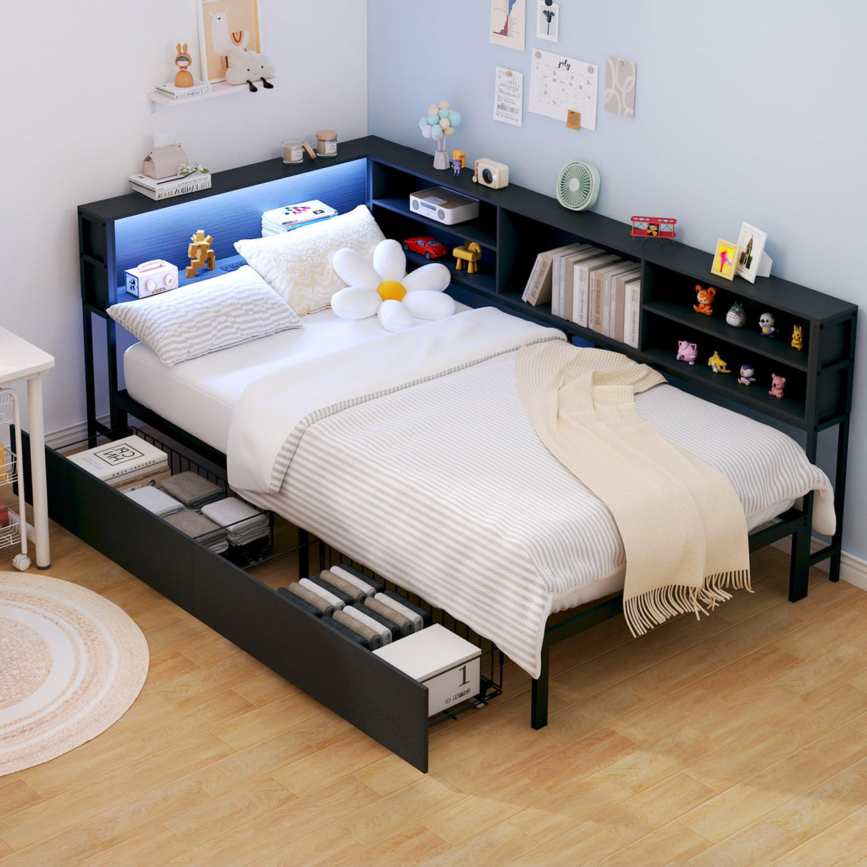 Corner Bed Frame with Storage Bookcase, Twin Daybed with LED Lights & 2 Drawers, Metal Platform Bed with Headboard and Charging Station (Black, Twin) Anwick