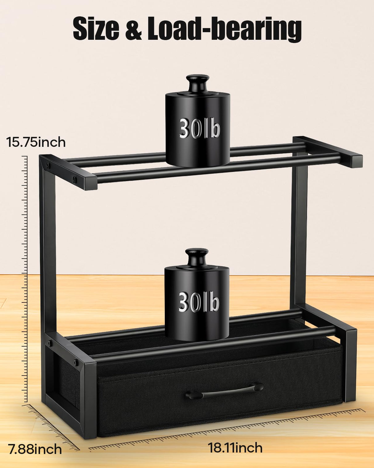 2-Tier Desktop Filament Storage Rack with Fabric Drawer - 3D Printer Filament Spools Holder Shelf for PLA/ABS/TPU Filaments, Tabletop Organizer for Home Office, Workshop Studio (Black Single Row) Rackgolfic