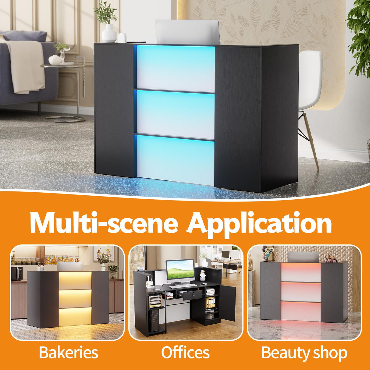 PAKASEPT Modern Reception Desk with LED Lights, 63 Inches Front Counter Table with Lockable Drawer & Shelves, Checkout Counter for Reception Room, Lobby, Beauty Salon (Black) (Black) PAKASEPT