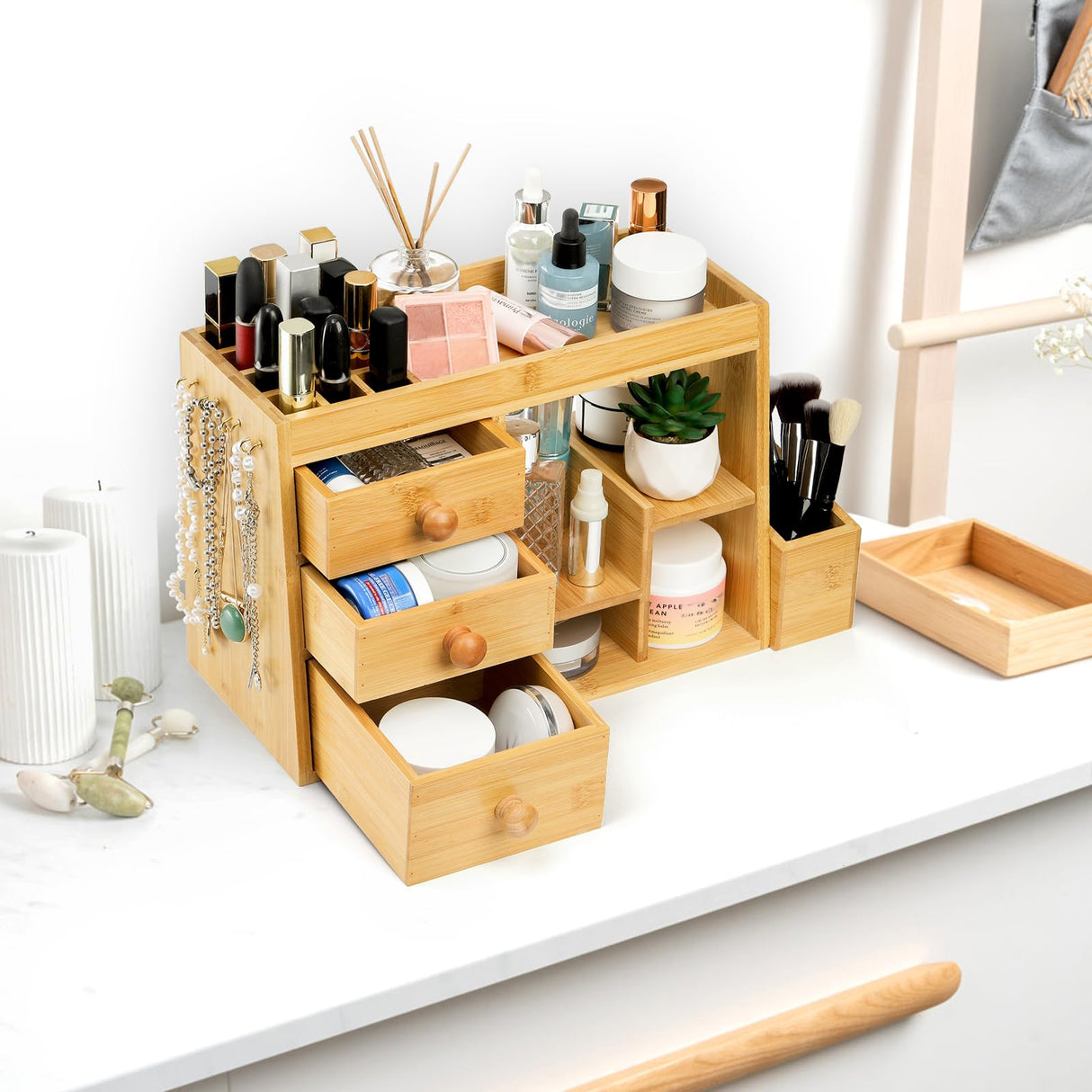 Elsjoy Bamboo Makeup Organizer with 3 Drawers & 12-Grid Lipstick Holder, Desk Bamboo Vanity Jewelry Organizer, Countertop Cosmetic Storage Box Stand with Hooks for Hanging Jewelry Elsjoy