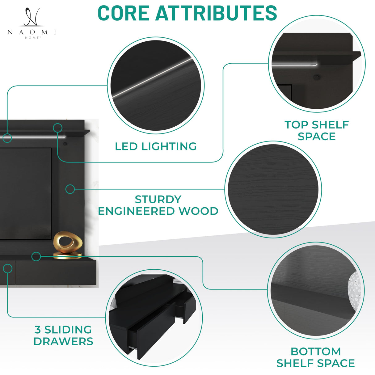 Modern Freestanding Floating Entertainment Center Floating TV Stand Wall Mounted TV Wall Panel for 70 inch TVs Home Theater with LED Strip Pull - Out Drawers and Overhead Shelf Black Naomi Home