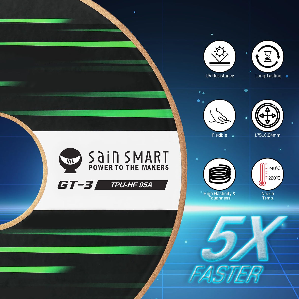 SainSmart TPU Filament 1.75mm, GT-3 Flexible 3D Printer Filament for High-Speed Printing 500mm/s, Green, 2.2 LBS (1KG) Spool, Dimensional Accuracy +/- 0.04mm SainSmart