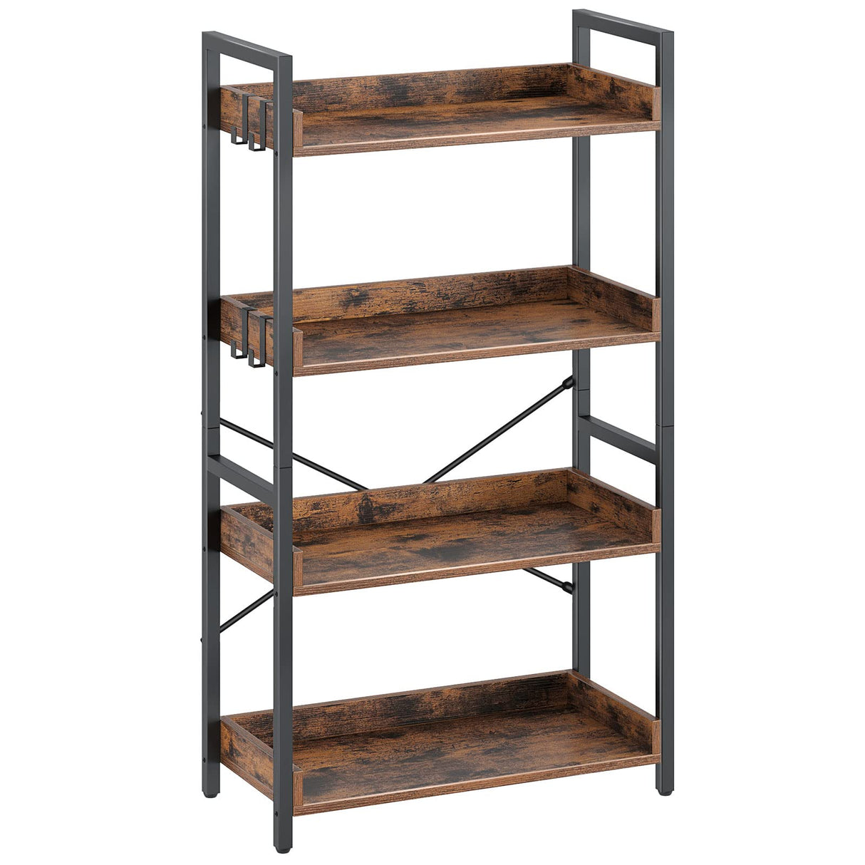 Rolanstar Bookshelf 4 Tier with 4 Hooks, Industrial Wood Bookcase, Vintage Storage Rack with Open Shelves, Rustic Standing Bookshelves Metal Frame Display Rack for Living Room, Bedroom, Rustic Brown Rolanstar