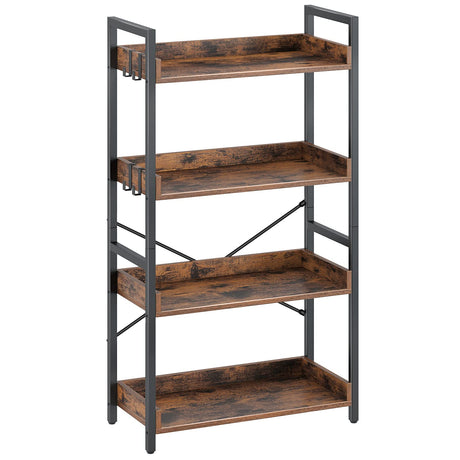 Rolanstar Bookshelf 4 Tier with 4 Hooks, Industrial Wood Bookcase, Vintage Storage Rack with Open Shelves, Rustic Standing Bookshelves Metal Frame Display Rack for Living Room, Bedroom, Rustic Brown Rolanstar