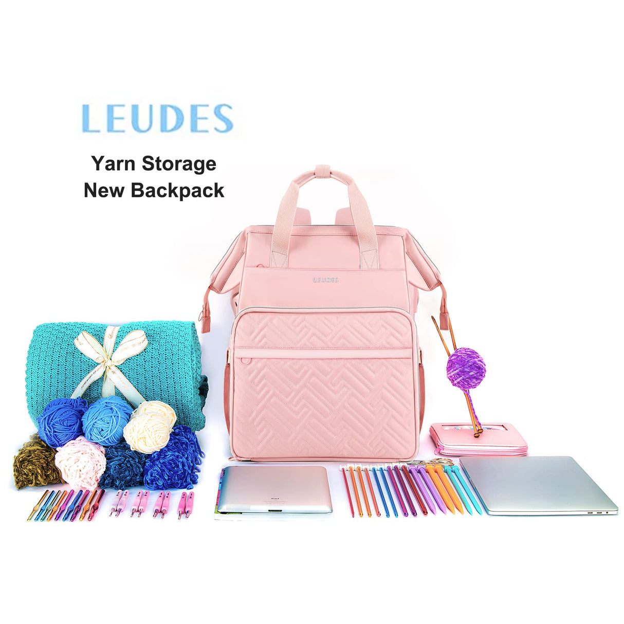 Leudes Knitting Bag Backpack, Yarn Storage Organizer Large Crochet Bag Tote Christmas Gift Yarn Holder Case for Carrying Projects, Knitting Needles (Upgraded Pink) Leudes