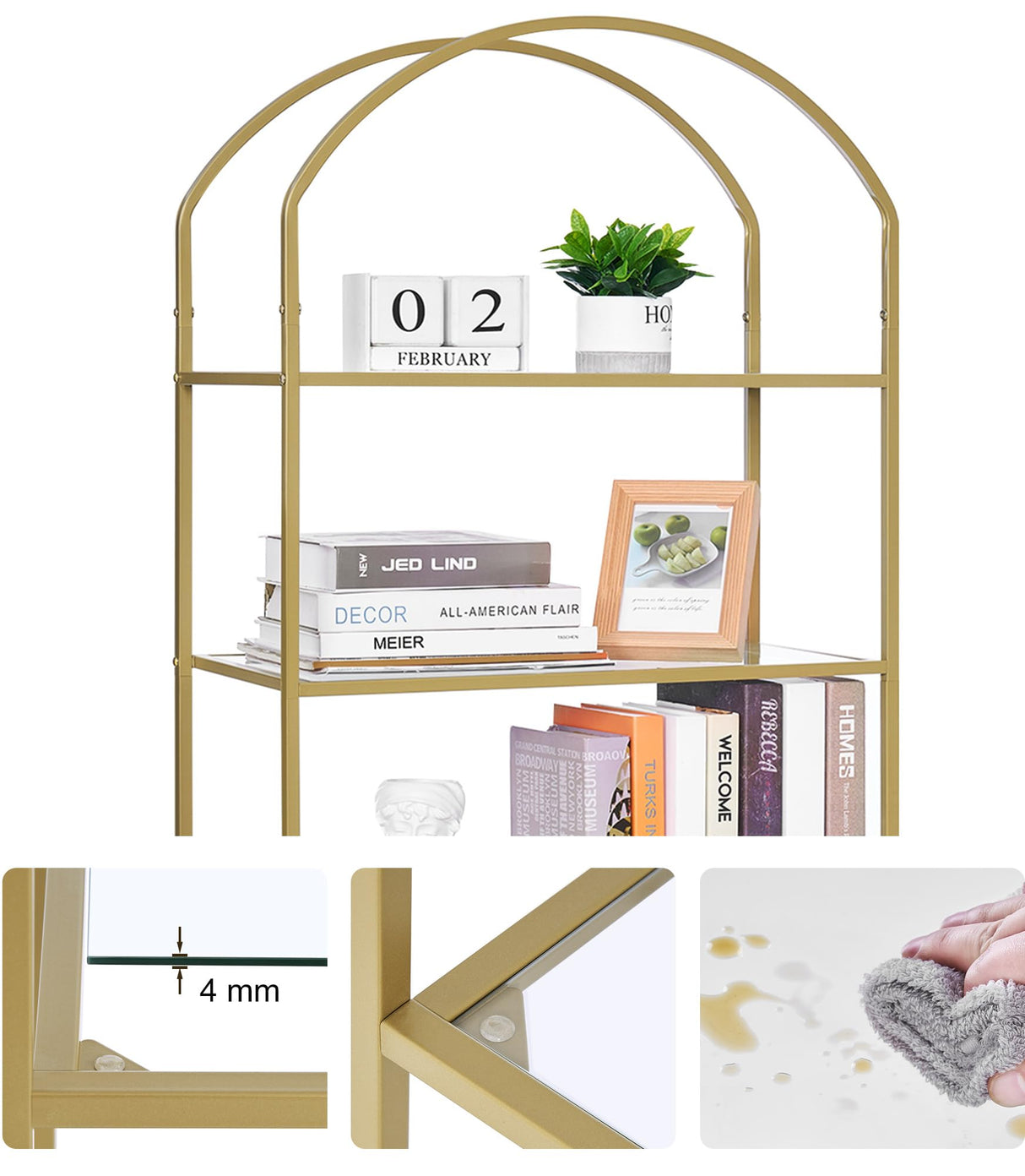 Homhedy 6-Tier Bookshelf Arched Display Racks, Metal Bookcase, Tempered Glass Shelves, Storage Rack Shelf for Home Office, Living Room, Bedroom, Bathroom, Modern Style, Golden Homhedy