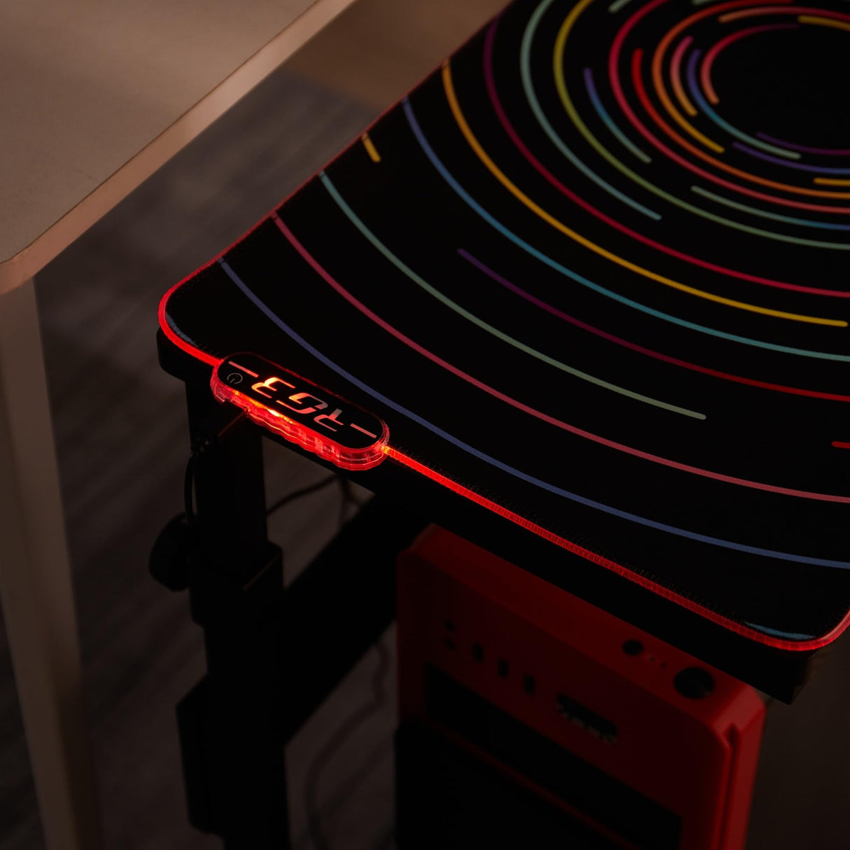 IRONKOM Adjustable Computer Tower Stand, 2-Tier ATX-Case CPU Holder Cart, Underdesk Mobile PC Standing Table, Gaming Accessories w Wheels & Mouse Pad w/Light, carben Fiber Finish, with sockets,Hooks IRONKOM