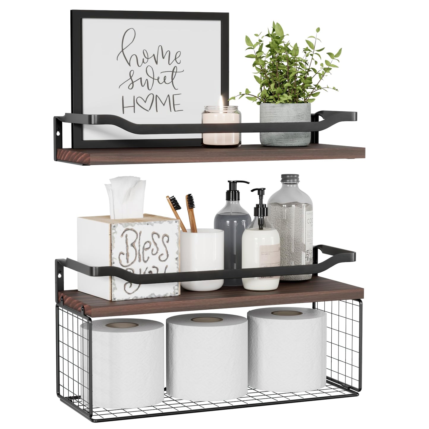 WOPITUES Floating Shelves with Wire Storage Basket, Bathroom Shelves Over Toilet with Protective Metal Guardrail, Wood Wall Shelves for Bathroom, Bedroom, Living Room, Toilet Paper- Dark Brown