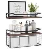 WOPITUES Floating Shelves with Wire Storage Basket, Bathroom Shelves Over Toilet with Protective Metal Guardrail, Wood Wall Shelves for Bathroom, Bedroom, Living Room, Toilet Paper- Dark Brown WOPITUES