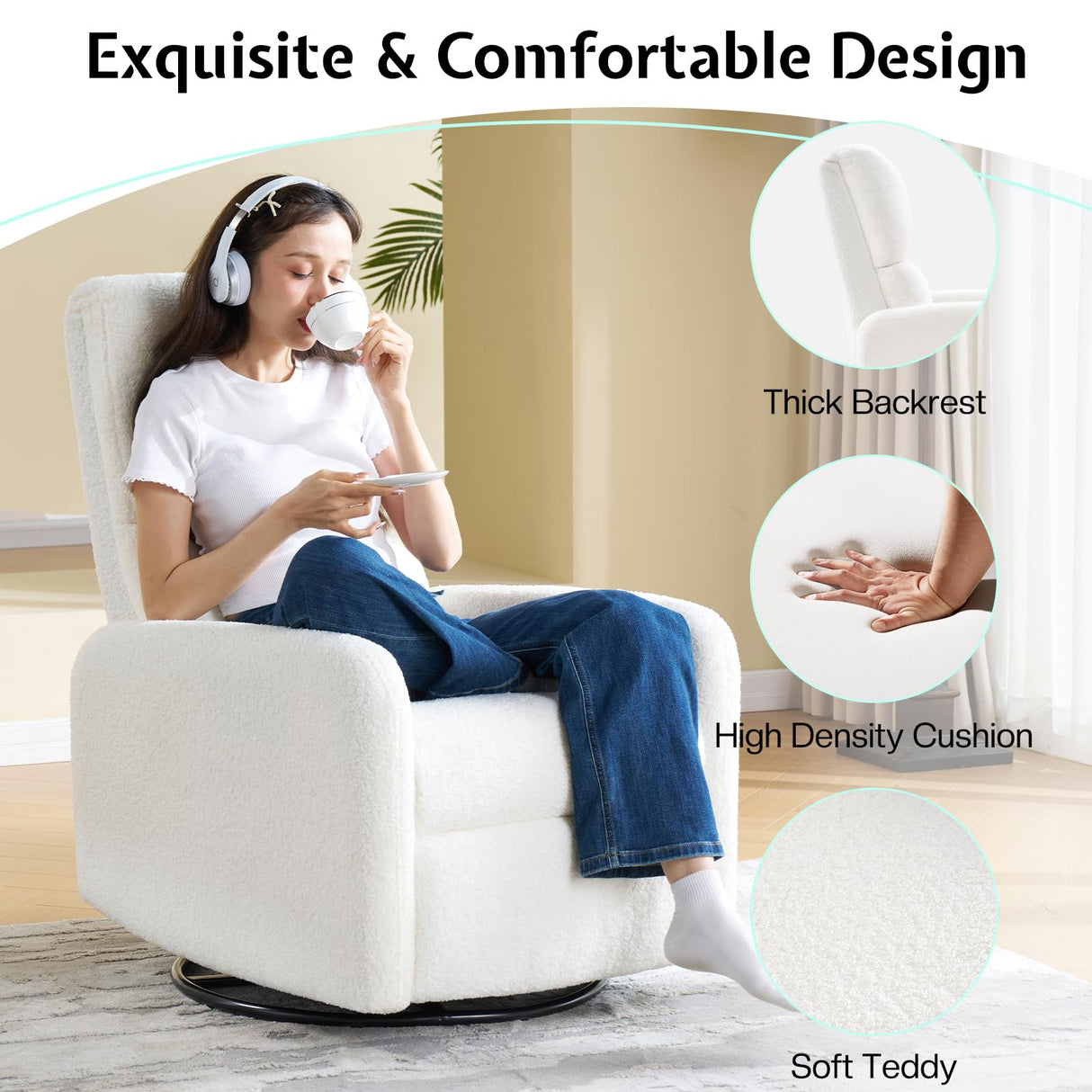 Jocisland Swivel Rocker Recliner Chair for Adults, Nursery Rocking Reclining with High Back, Small Glider for Small Spaces/Living Room/Bedroom/Nursing, Off-White Teddy Jocisland