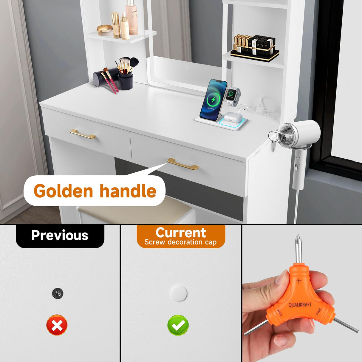 QUALIKRAFT Vanity Set with Mirror and Stool and Lights, Vanity Desk with Mirror & Power Outlet,Vanity Desk with Drawers, White Vanity with Lighted Mirror，Dressing Table Set with 2 Large Drawers QUALIKRAFT