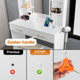 QUALIKRAFT Vanity Set with Mirror and Stool and Lights, Vanity Desk with Mirror & Power Outlet,Vanity Desk with Drawers, White Vanity with Lighted Mirror，Dressing Table Set with 2 Large Drawers QUALIKRAFT