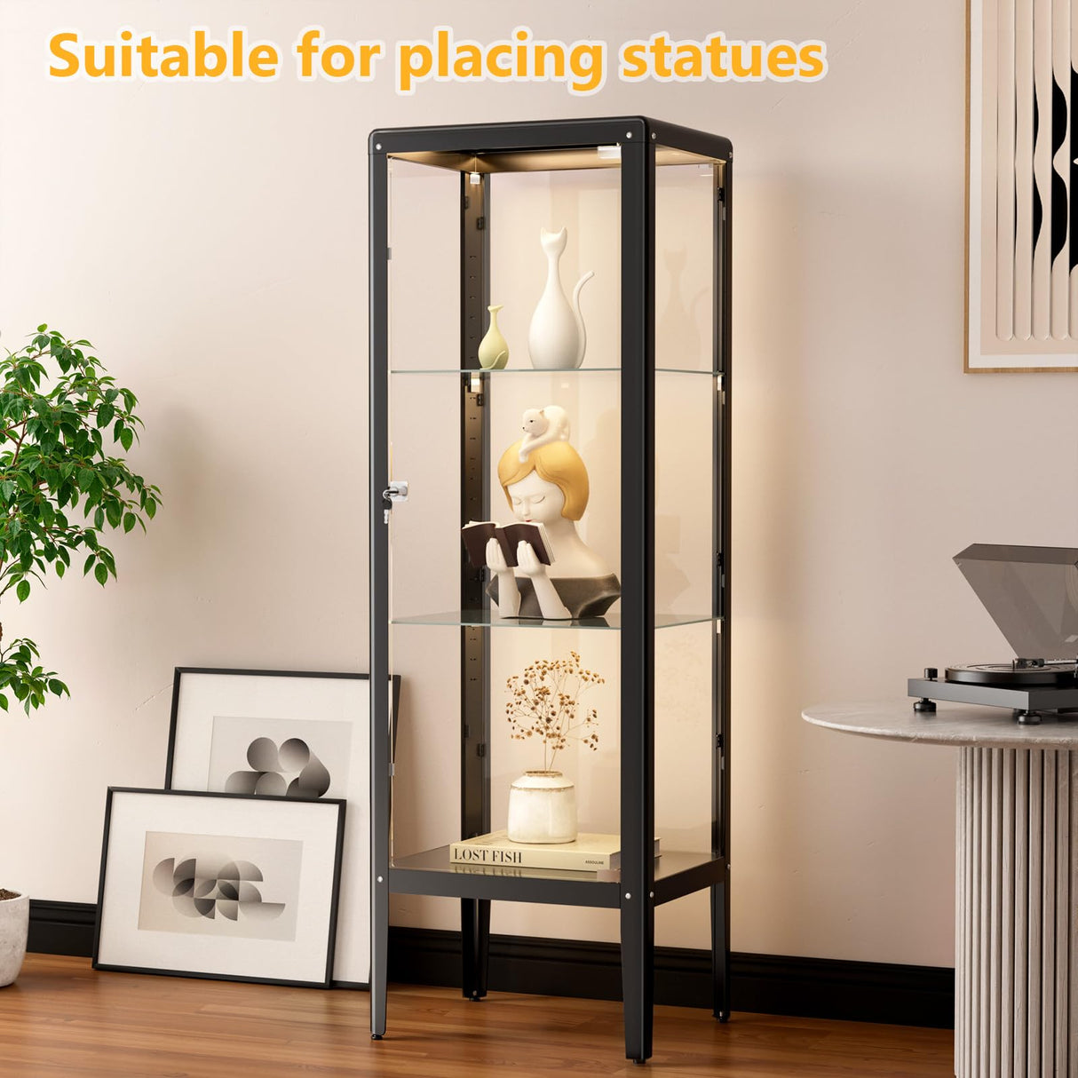 Ryoko Display Cabinet with Glass Door, Adjustable 3-Shelf Shelves, Curio Cabinet with LED Light, Glass Display Cabinet with Lock,Storage Cabinets, Dark Grey Ryoko