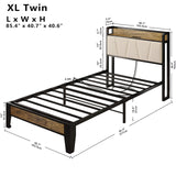 LIKIMIO Twin XL Bed Frame with Storage Headboard and Charging Station - Stylish Walnut and Beige Design LIKIMIO