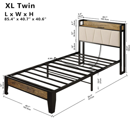 LIKIMIO Twin XL Bed Frame with Storage Headboard and Charging Station - Stylish Walnut and Beige Design - WoodArtSupply